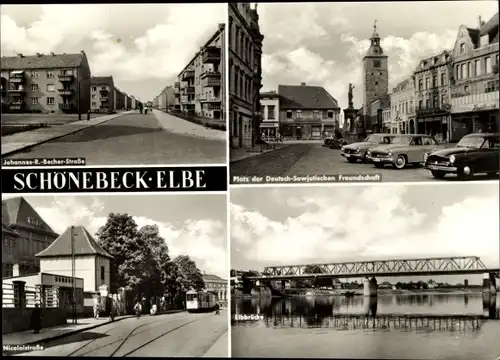 Ak Schönebeck an der Elbe, Johannes-R.-Becher-Straße, Nikolaistraße, Elbbrücke, Straßenbahn