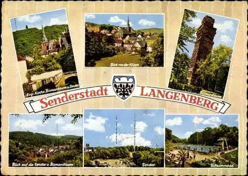 Ak Langenberg in Westfalen, evang. Kirche, Bismarckturm, Sender, Schwimmbad