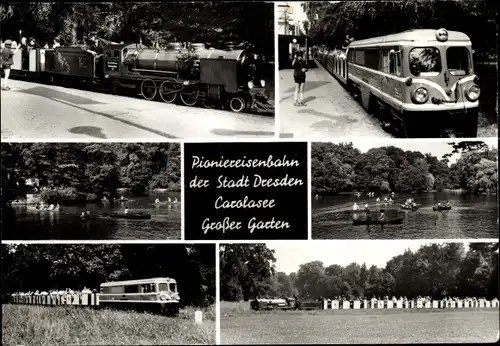 Ak Dresden Zentrum Altstadt, Pioniereisenbahnen, Carolasee, Großer Garten