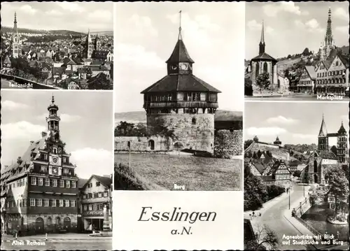 Ak Esslingen am Neckar, Agnesbrücke, Burg, Rathaus, Stadtkirche, Marktplatz