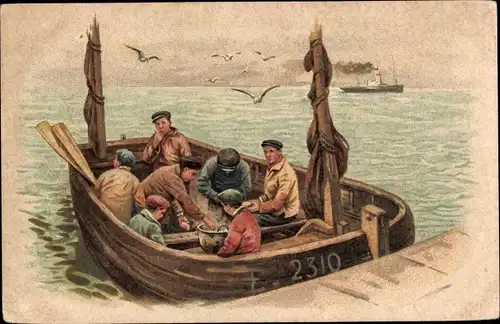 Ak Menschen in französischer Tracht, Hafen, Ruderboot, Topf, Dampfer im Hintergrund