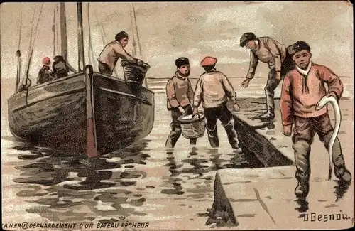 Künstler Ak Besnou, O., La Mer, Dechargement d'un Bateau Pecheur