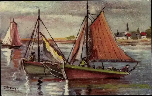 Künstler Ak Geko, Segelboote, Im Hintergrund Häuser