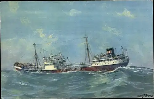 Künstler Ak Sebille, A., Petrolier par gros temps en Mediterranee