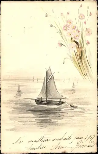 Ak Segelpartie, Segelboote, Blumenstrauß, Blumen, Meer