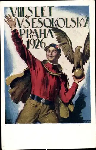 Künstler Ak Praha Prag Tschechien, VIII Slet Vsesokolsky, Fest, Sport, 1926, Junge in Uniform, Adler