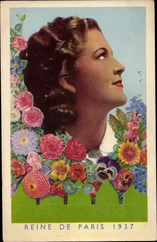 Ak Reine de Paris 1937, Profilansicht einer Frau, Blumen