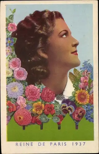 Ak Reine de Paris 1937, Profilansicht einer Frau, Blumen