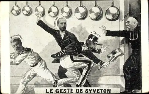 Ak Le Geste de Syveton, G. Syveton, Pelletan, General André, Émile Combes, Karikatur
