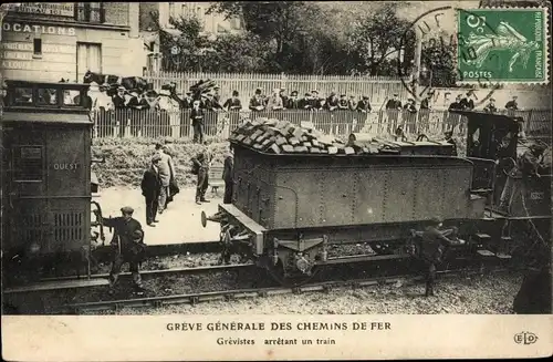 Ak Greve Generale des Chemins de Fer, Grevistes arretant un train, Eisenbahnstreik