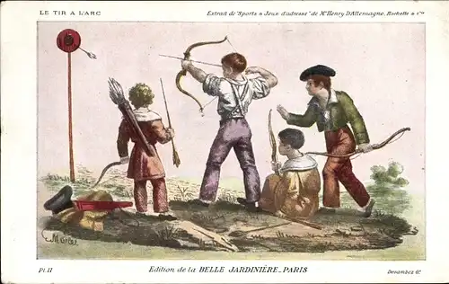 Künstler Ak Le Tir a l'Arc, Kinder beim Bogenschießen, Edition de la Belle Jardiniere Paris, Reklame