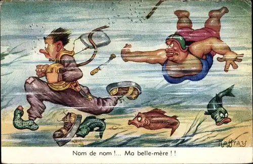 Künstler Ak Raffray, Nom de nom, Ma belle mere, Taucher flüchtet vor Schwiegermutter