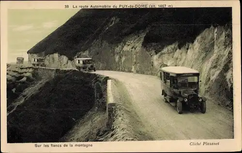 Ak Puy de Dôme, Autobusse auf einer Gebirgsstraße