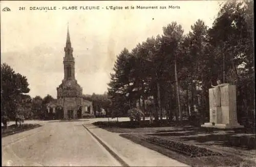 Ak Deauville La Plage Fleurie Calvados, L'Eglise et le Monument aux Morts