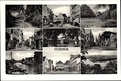 Ak Itzehoe in Holstein, Bahnhof, Gr. Paaschburg, Klosterbrunnen, Feldschmiede, Breitestraße, Markt