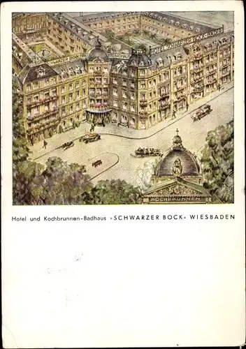 Ak Wiesbaden in Hessen, Hotel Schwarzer Bock, Kochbrunnen Badhaus