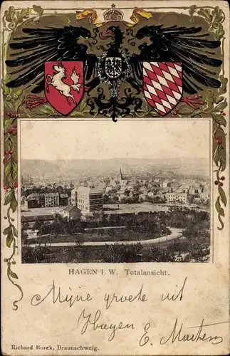 Präge Wappen Ak Hagen in Westfalen, Totalansicht der Ortschaft