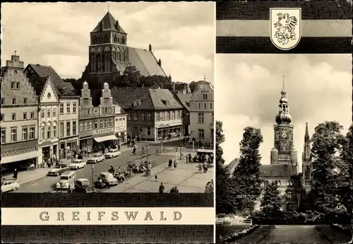 Ak Hansestadt Greifswald, Kirche, Straßenpartie, Geschäfte u. Passanten