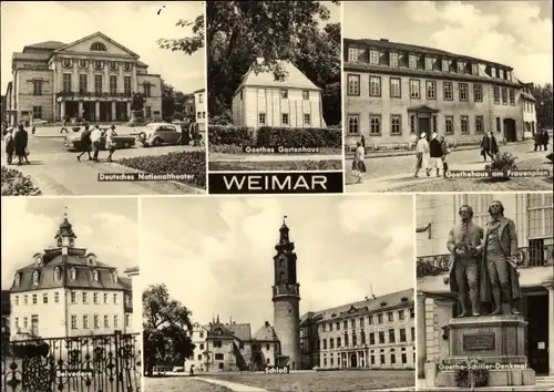 Ak Weimar in Thüringen, Schloss Belvedere, Goethe-Schiller-Denkmal, Goethehaus am Frauenplan