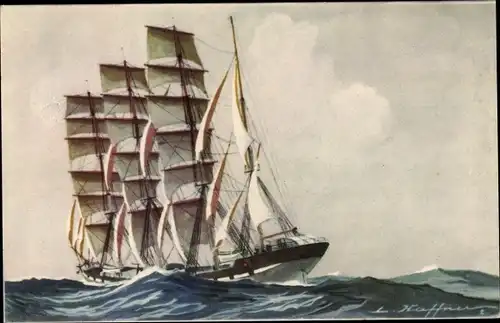 Künstler Ak Haffner, Quatre Mats barque, Segelschiff, Viermaster, Ligue Maritime et Coloniale
