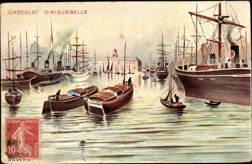 Ak Anvers Antwerpen Flandern, Hafenpartie, Segelschiffe, Chocolat d'Aiguebelle