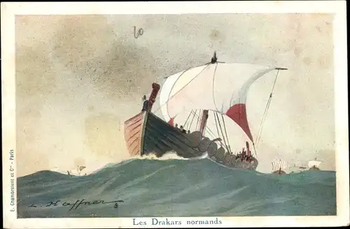 Künstler Ak Haffner, L., Französisches Kriegsschiff, Les Drakars normands