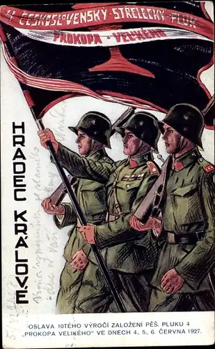 Ak Hradec Králové Königgrätz Stadt, Prokopa Velikeho, 1927, Soldaten, Banner, 4. Schützenregiment