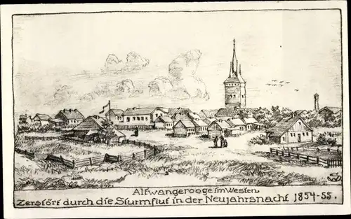 Künstler Ak Altwangerooge Nordseebad Wangerooge in Ostfriesland, Zerstört durch Sturmflut 1854