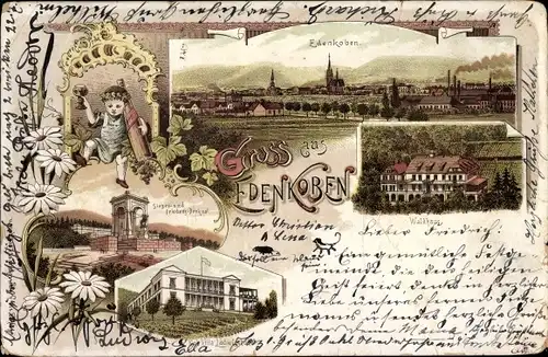 Litho Edenkoben an der Haardt Pfalz, Waldhaus, Sieges und Friedrich Denkmal, Kgl. Villa, Totale