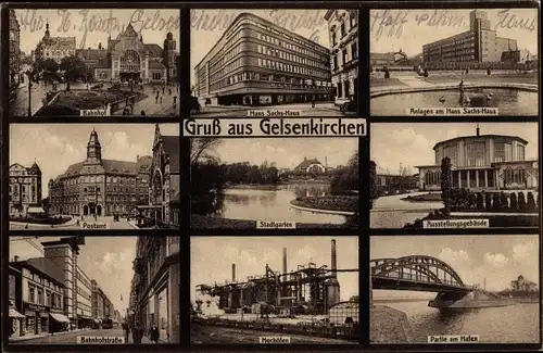 Ak Gelsenkirchen im Ruhrgebiet, Bahnhof, Hans Sachs Haus, Hochöfen, Hafen, Stadtgarten, Postamt