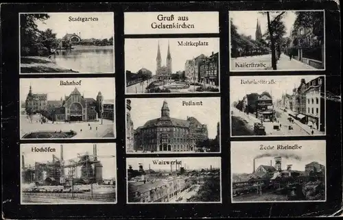 Ak Gelsenkirchen im Ruhrgebiet, Bahnhof, Moltkeplatz, Hochöfen, Hafen, Stadtgarten, Postamt