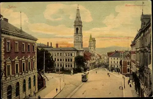 Ak Zittau in der Oberlausitz, Bautzener Straße, Johanneum, Straßenbahn