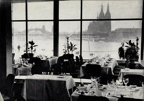 Ak Köln am Rhein, Rheinterrasse am Tanzbrunnen, Innenansicht, Stadtpanorama, Dom, Brücke