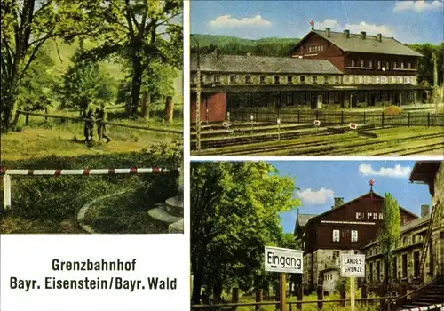 Ak Bayerisch Eisenstein in Niederbayern, Grenzbahnhof, Gebäude, Schrankenbäume