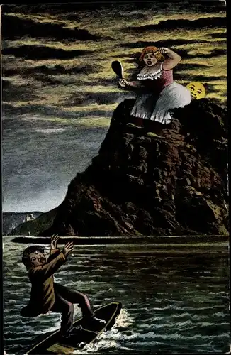 Ak St. Goar am Rhein, Karikatur der Loreley, Mann auf Boot