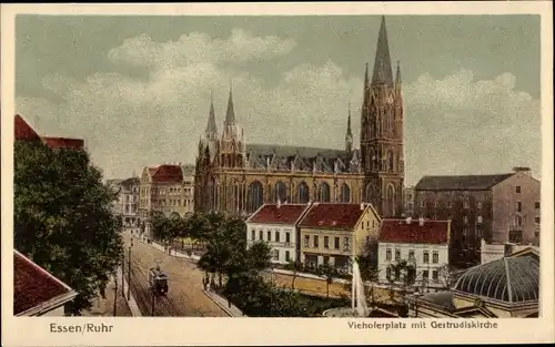Ak Essen im Ruhrgebiet, Viehoferplatz mit Gertrudiskirche