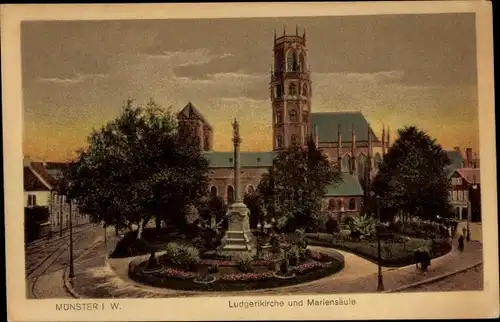 Ak Münster in Westfalen, Ludgerikirche und Mariensäule