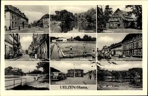 Ak Uelzen in Niedersachsen, Fischerhof, Freibad, Rathaus, Lüneburger Straße, Bahnhof