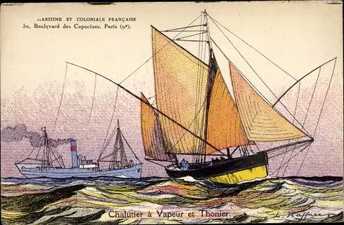 Künstler Ak Haffner, Chalutier a Vapeur et Thonier, Fischerboote, Ligue Maritime et Coloniale