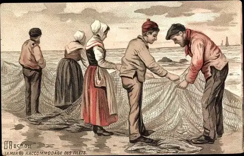 Künstler Ak Besnou, O., La Mer, Raccommodage des Filets