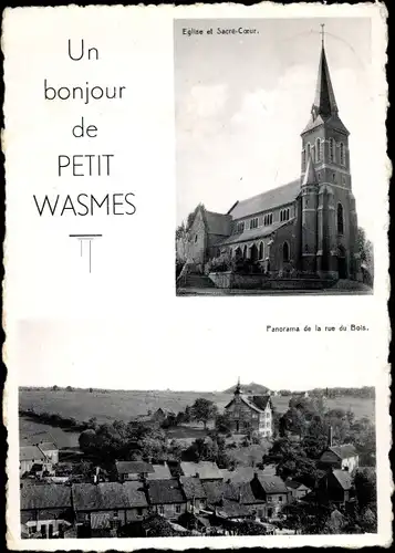 Ak Petit Wasmes Hennegau, Eglise, Sacre Coeur, Panorama de la rue du Bois