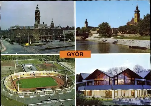 Ak Győr Ungarn, Stadtansichten, Kirche, Stadion