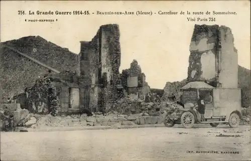 Ak Beauzée sur Aire Beausite Meuse, Carrefour de la Route de Sommaisne, Kriegszerstörungen, I. WK