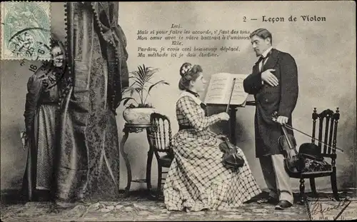Ak Lecon de Violon, Frau mit Geigenlehrer