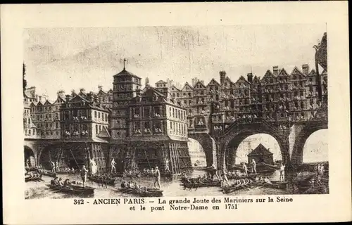 Ak Paris, Ancien Paris, La grande Joute des Mariniers sur la Seine et le pont Notre Dame en 1751