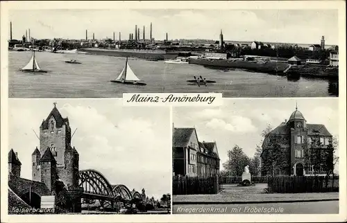 Ak Mainz Amöneburg Wiesbaden in Hessen, Kriegerdenkmal, Fröbelschule, Kaiserbrücke