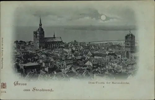 Mondschein Ak Stralsund in Vorpommern, Dom Turm der Marienkirche, Blick auf den Ort