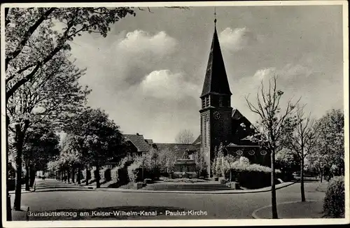 Ak Brunsbüttelkoog Brunsbüttel in Dithmarschen, Partie an der Paulus Kirche