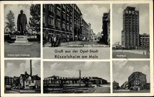 Ak Rüsselsheim am Main Hessen, Opel Hochhaus, Bahnhofstraße, Opel Bahnhof, Denkmal