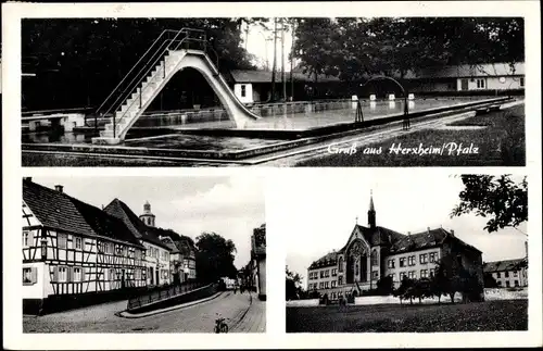 Ak Herxheim bei Landau in der Pfalz, Freibad, Wasserrutsche, Ortsansichten